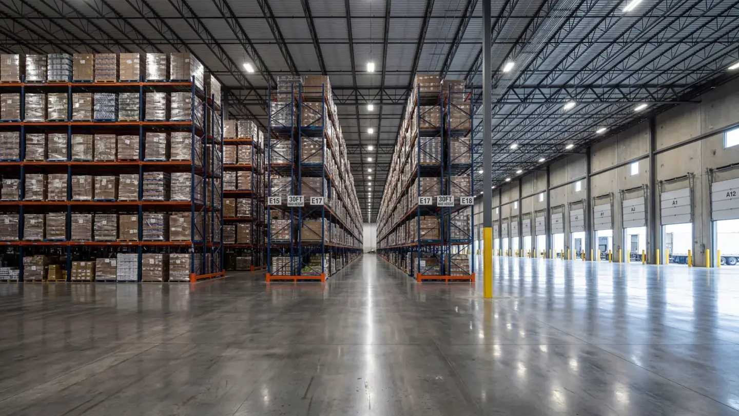 Long, empty warehouse aisles where a multi-directional truck earns its place